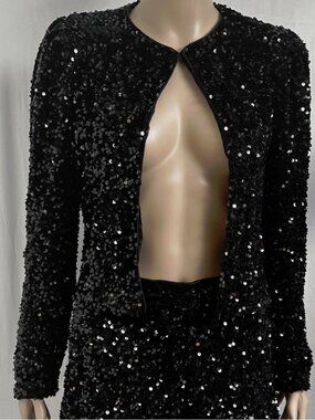 MANGO BLACK SEQUINED EMBROIDERED CO ORD HOOK & EYE ROUND NECK SHORT PARTY JACKET